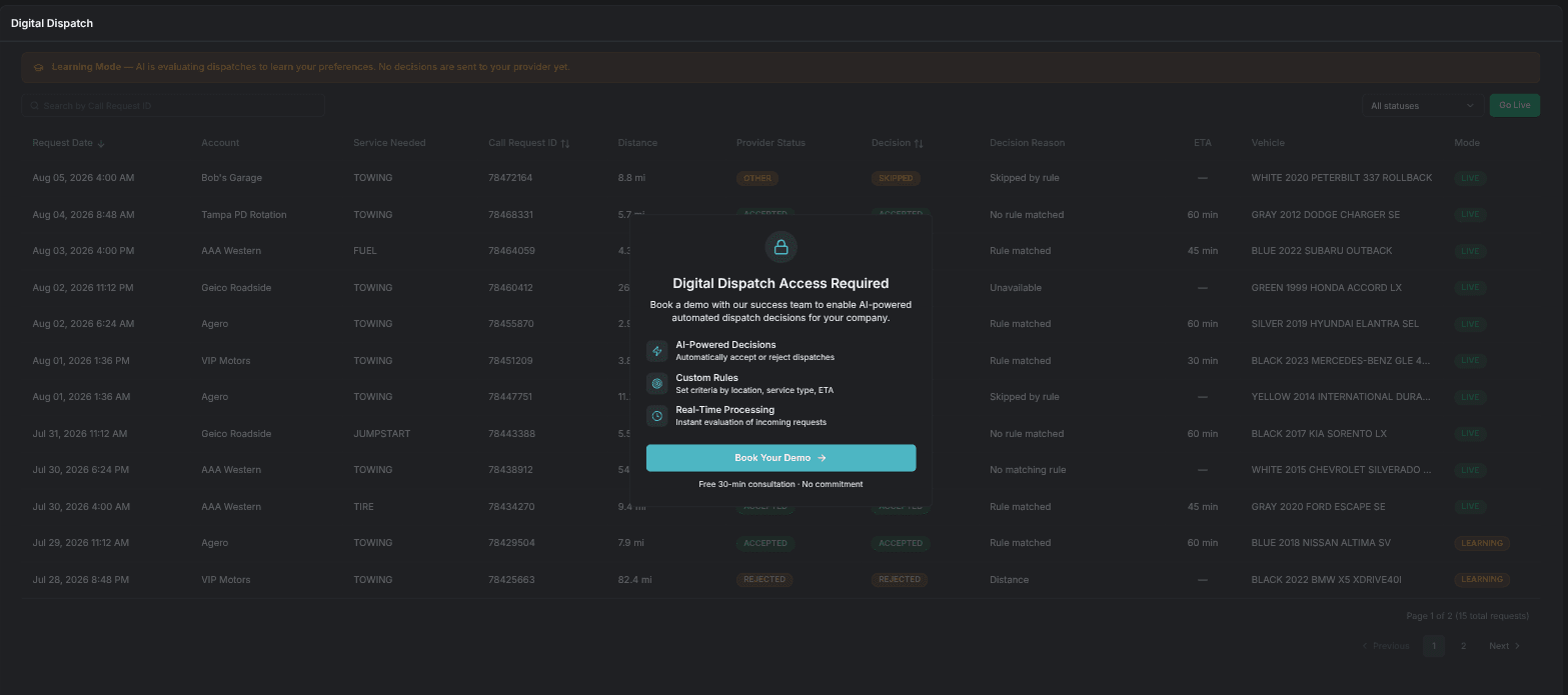 The access screen shown before Digital Dispatch is enabled for your company