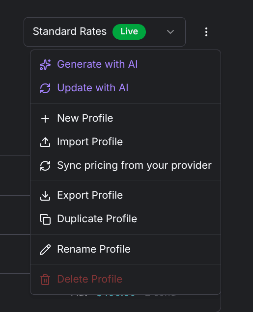 The rate sheet actions menu