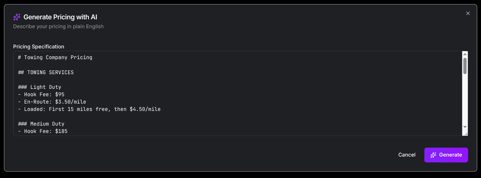The Generate Pricing with AI dialog