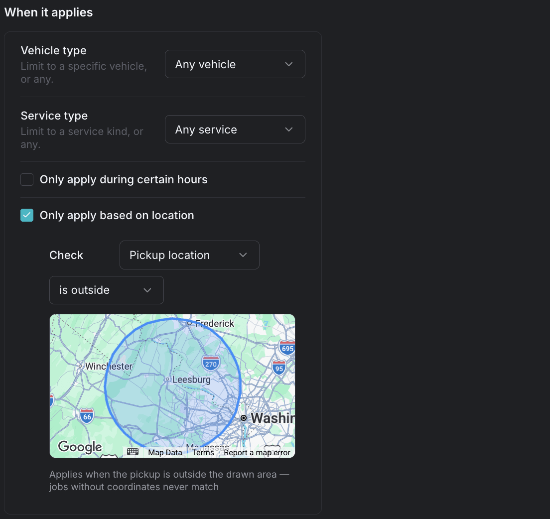 The surcharge builder limited to jobs outside a 25-mile radius
