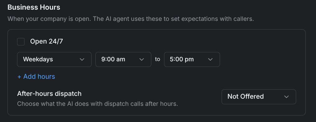 The business hours editor with the after-hours dispatch choice