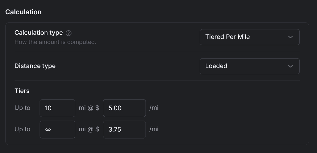 The calculation section with Tiered Per Mile selected