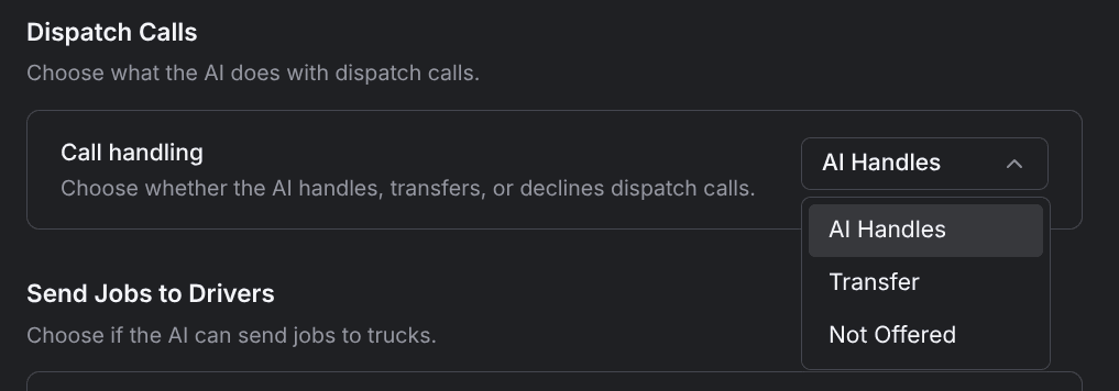 The call handling select on Dispatch Settings