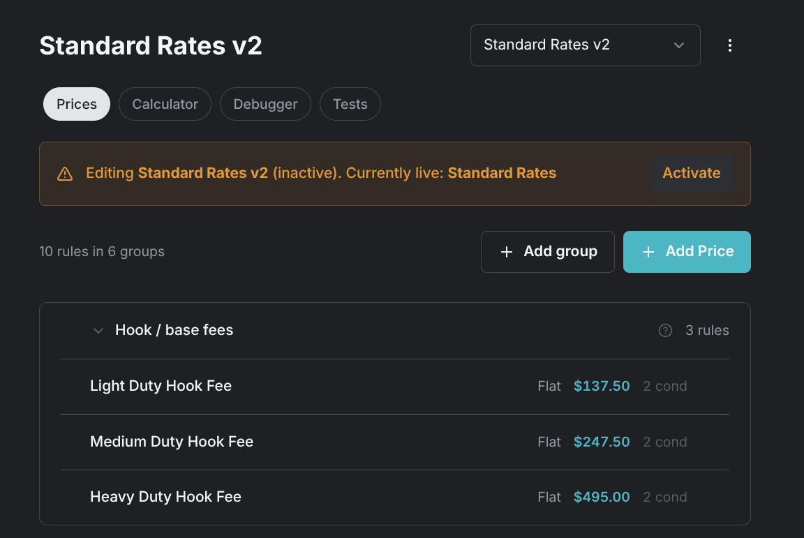 The banner shown while a draft rate sheet is selected