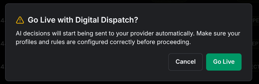 The confirmation dialog shown before going live