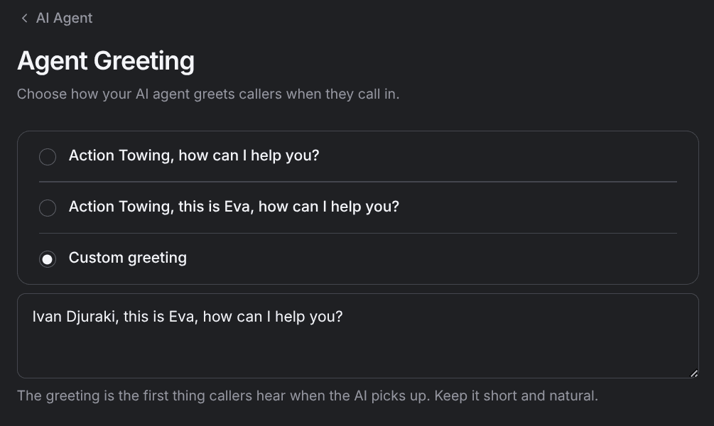 The greeting options with a custom greeting