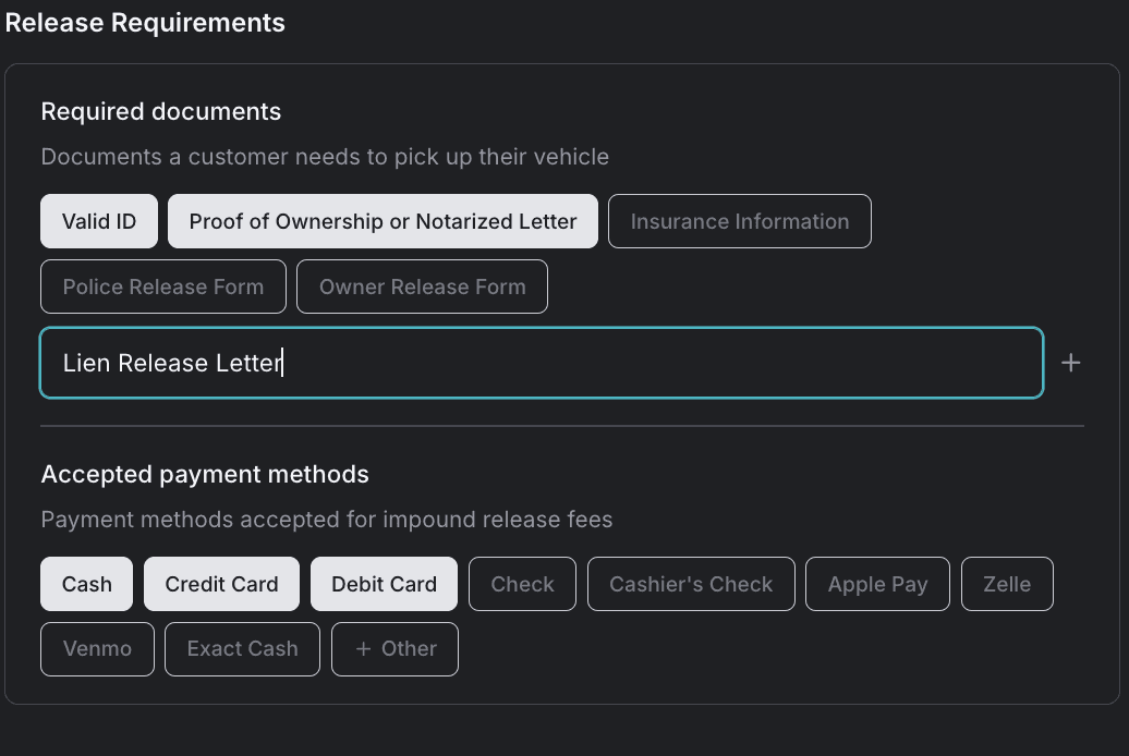 The Other option open for typing a custom required document