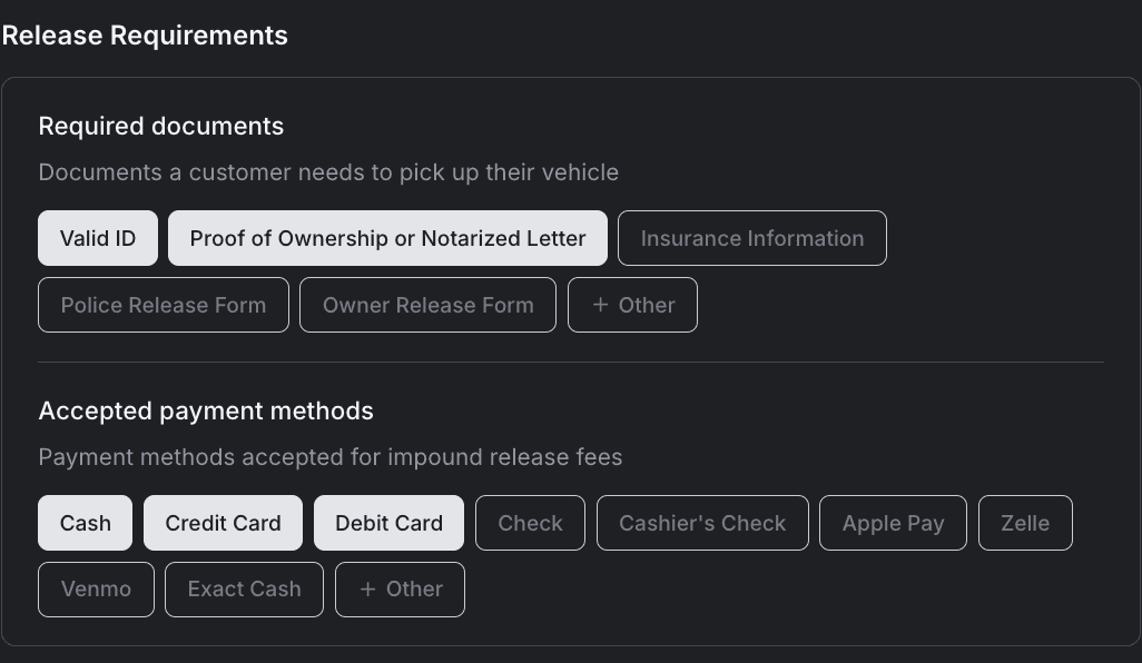 The release requirements selection