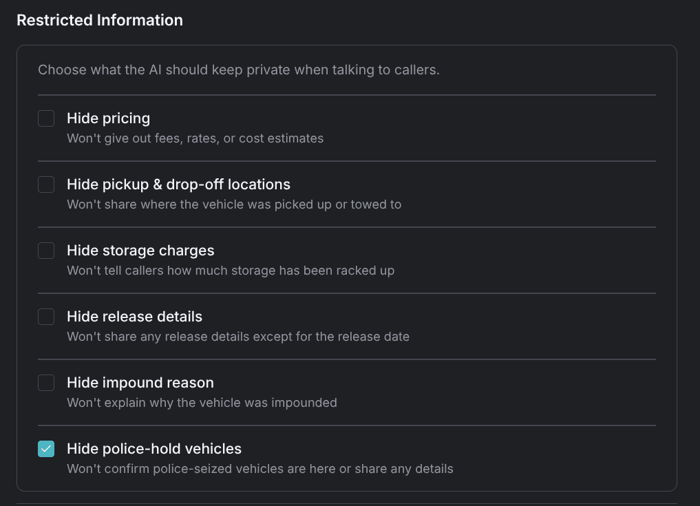 Checkboxes controlling what impound information the agent shares