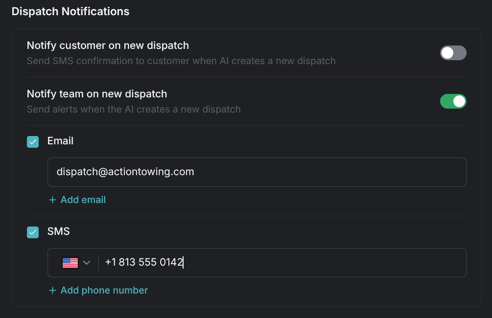 The dispatch notifications card with email and SMS recipient lists