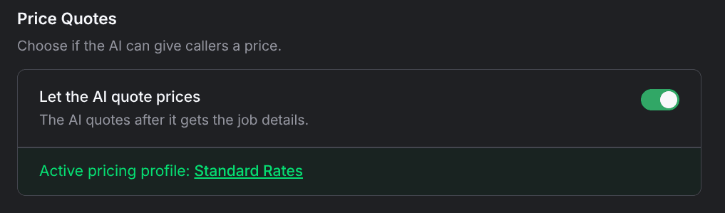 The Price Quotes card naming the active rate sheet
