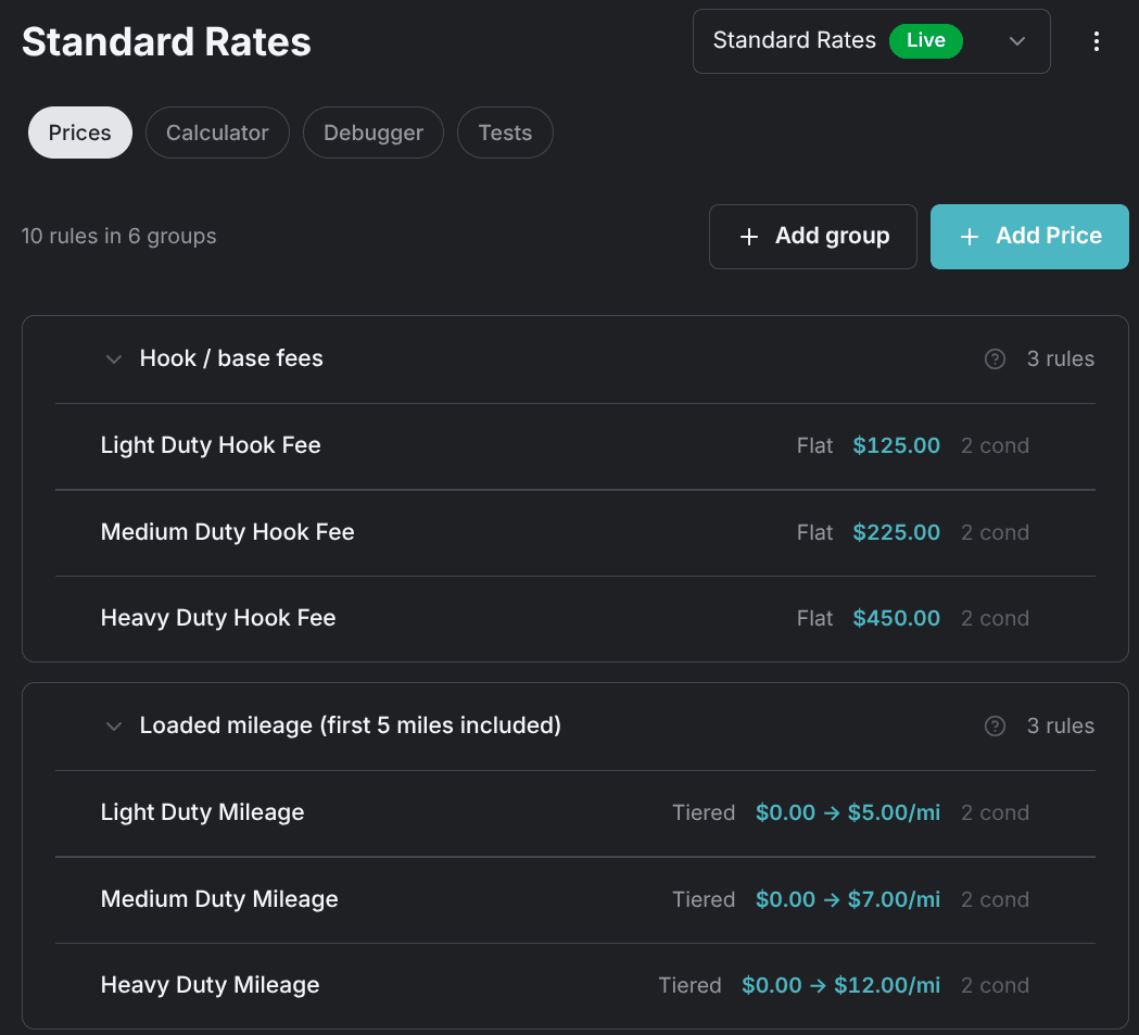 The Prices tab: the live rate sheet with its price groups