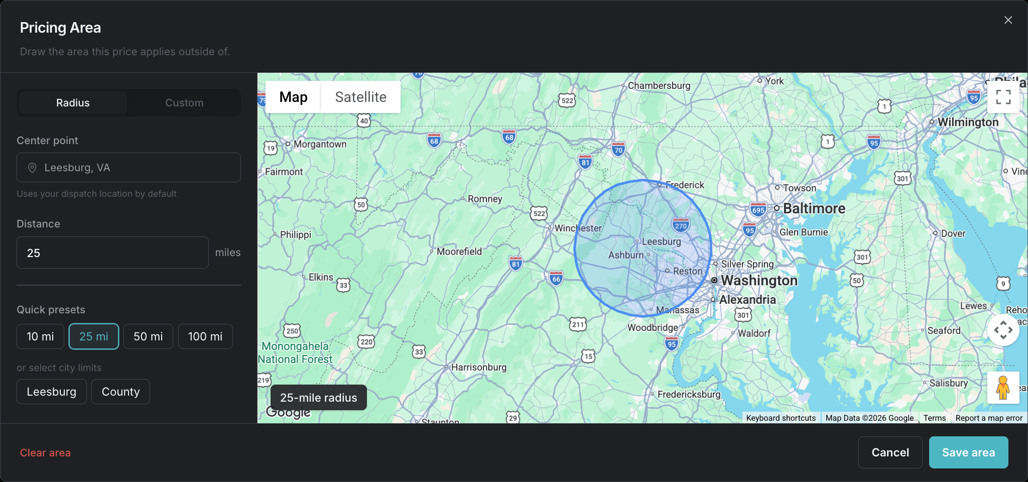 The Pricing Area dialog with a 25-mile radius