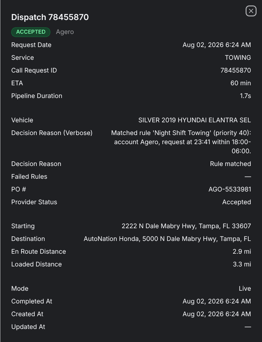 The detail panel for one decision, with the verbose reason