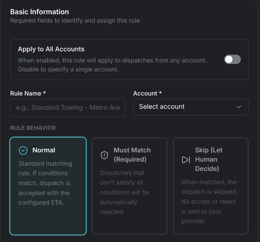 The Basic tab with the three rule behaviors