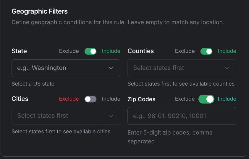 Geographic filters with Cities set to Exclude