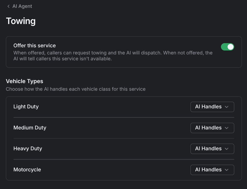 The towing service page with a handling choice per vehicle class