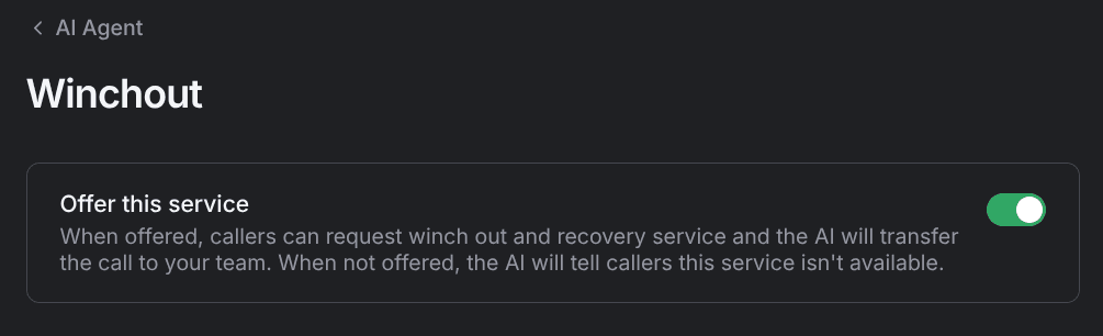 The winch out service page with its single offer toggle