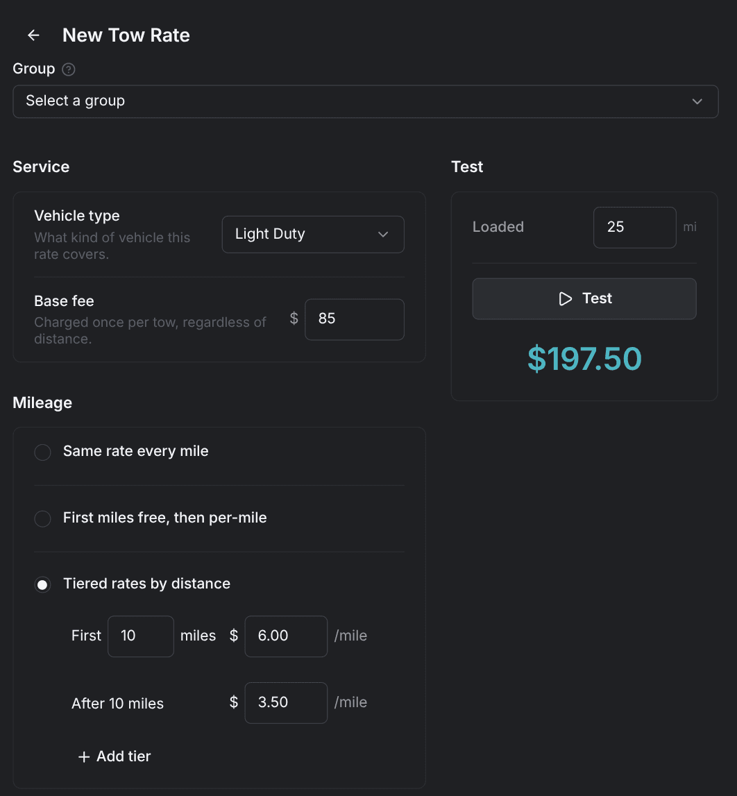 The tow builder with tiered mileage and a test result