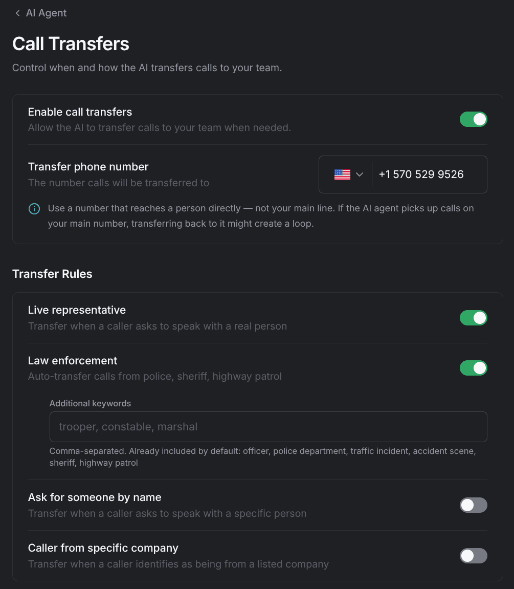 The transfer phone number and transfer rules